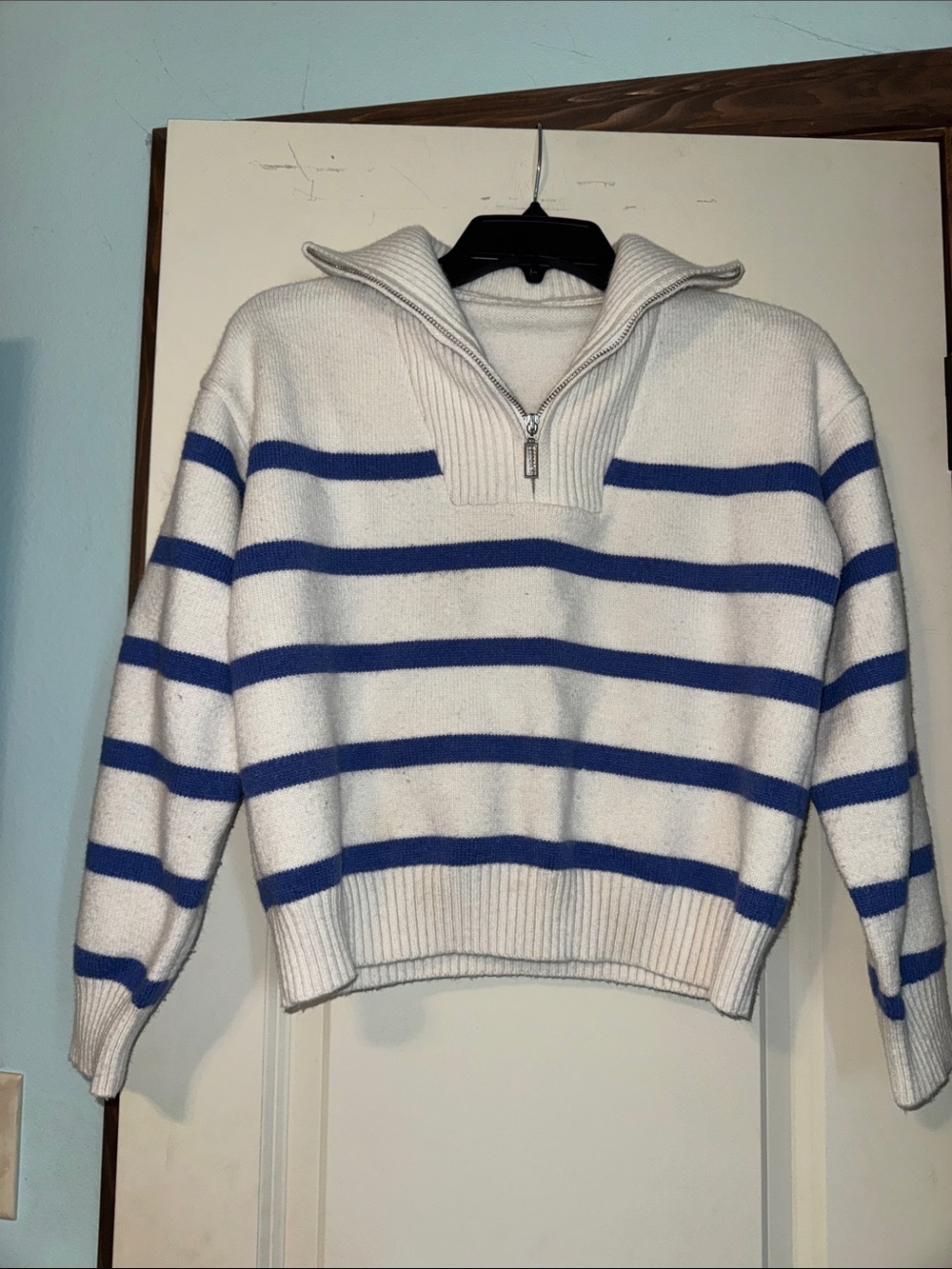 White & Blue Striped Zip-Neck Sweater